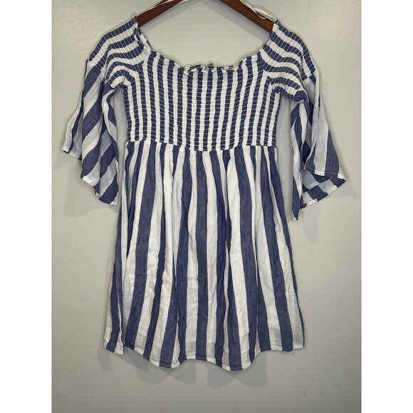 Lucky Brand Tops - Lucky Brand Top Shirt Womens‎ Medium White Blue Striped Smocking Tunic Bell